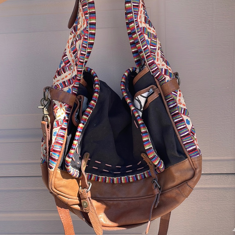 Canvas Leather & Embroidered Messenger Bag